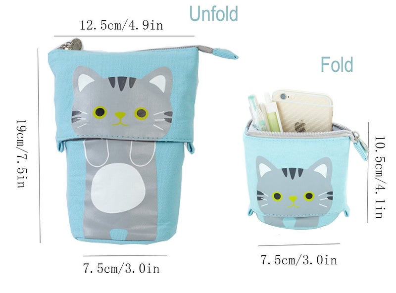 Ytuomzi Telescopic Pencil Pouch Standing Pen Holder Cute Bags Stand Up Case Cartoon Storage Box Canvas+PU Stationery Organizer Makeup Bag With Zipper Closure (Blue) - Image 2